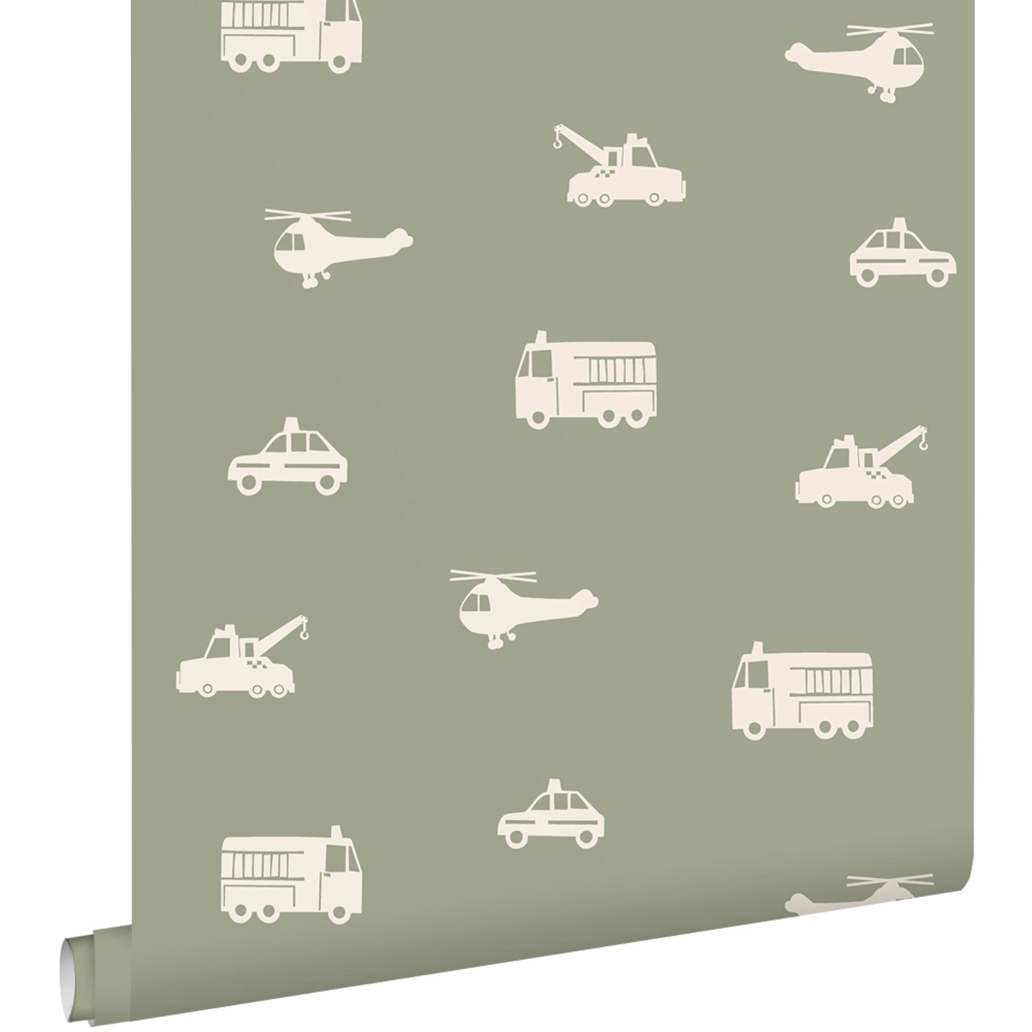 ESTAhome Tapete Autos Löschfahrzeuge Hubschrauber und Kräne Graugrün 50 x 9 günstig online kaufen