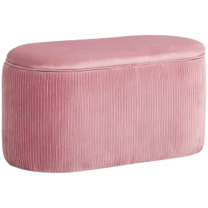 Rosa Samt Sitzbank mit Stauraum, oval. Gepolsterte Truhenbank im Retro-Design für Möbel.