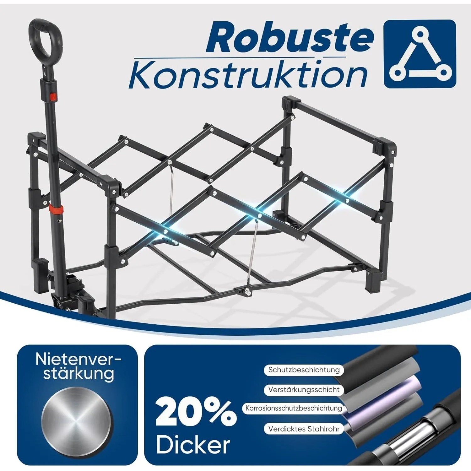 Zusammengeklappter, schwarzer SUNULA Bollerwagen mit Stahlrahmen. Ideal für Camping und Freizeit.
