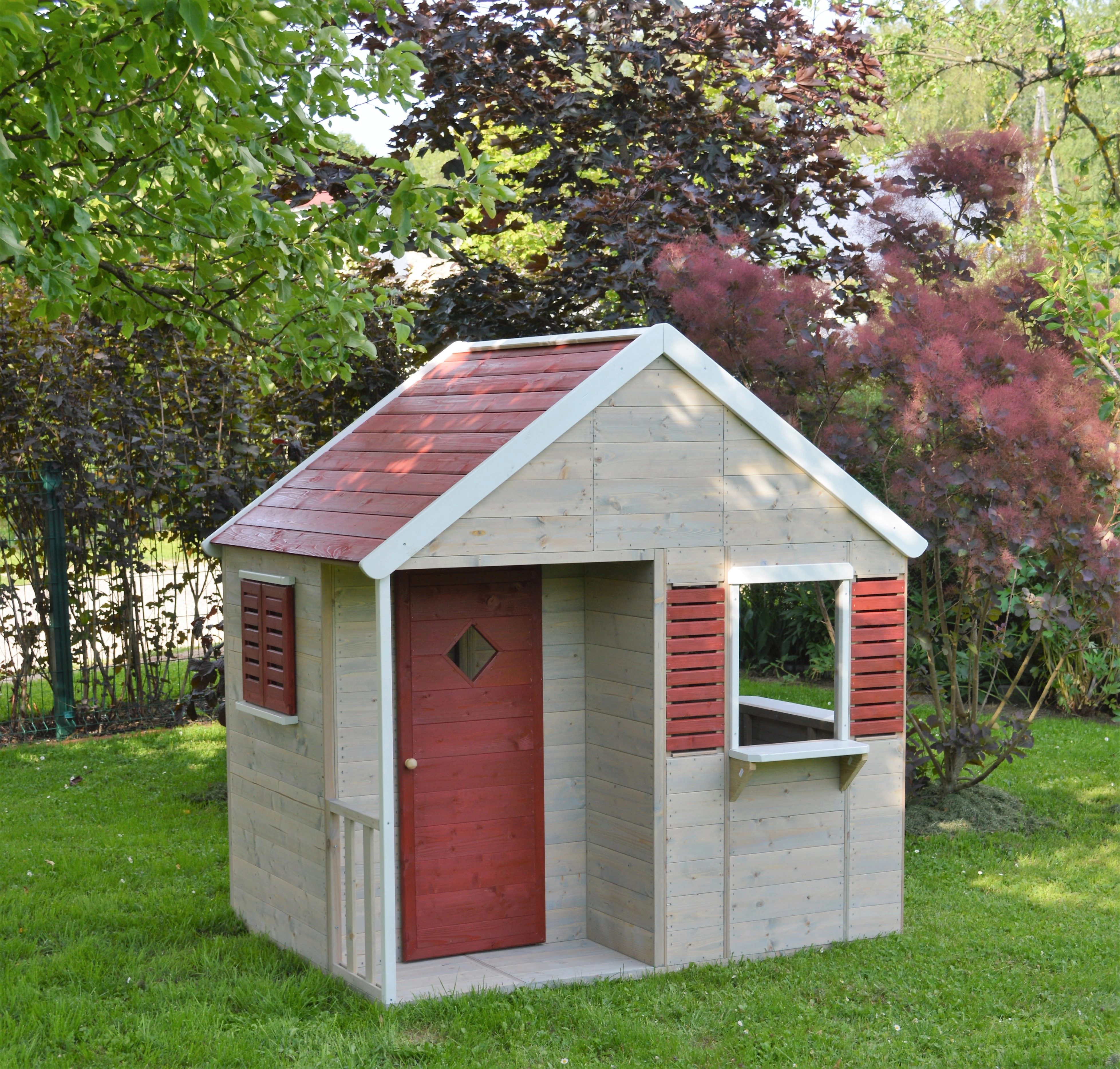 Wendi Toys M5 Kinderspielhaus Holz, Spielhaus Holz, Gartenhaus Kinder mit  Tafel und Fensterlädenin in Rot, Spielhaus Kinder