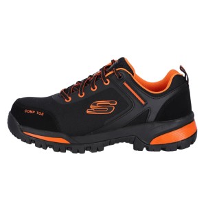 Schwarzer Skechers Sicherheitsschuh für Herren mit orangefarbenen Akzenten, Komposit-Schutzkappe und robuster Sohle.