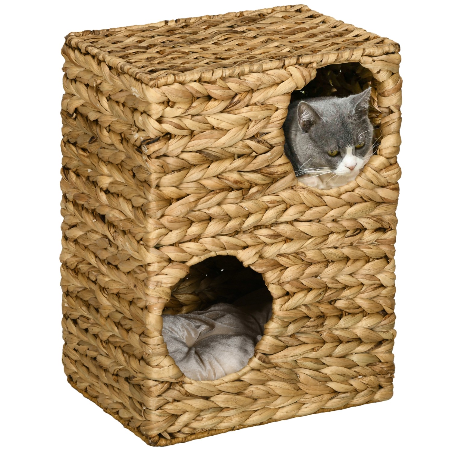 PawHut Kratzbaum Kratztonne 55 cm Hoch mit 2 Höhlen und Waschbaren Kissen