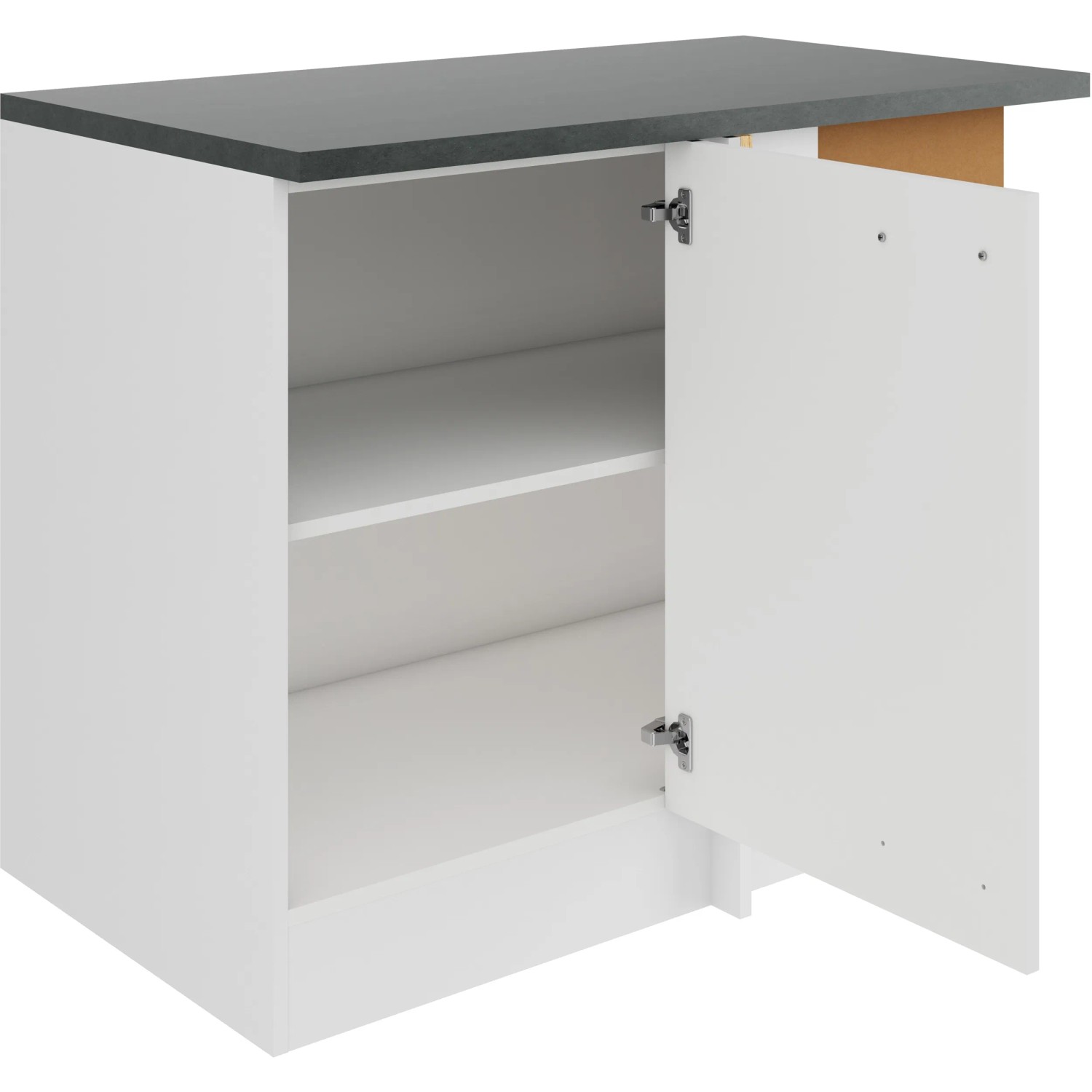 OPTIFIT Oslo214 Eckunterschrank, 110 cm, Feinstruktur Weiß, mit Tür und Arbeitsplatte.