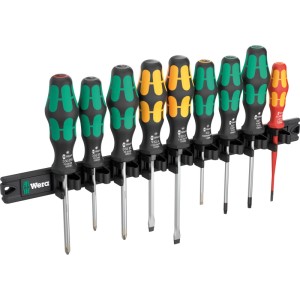Wera Kraftform Schraubendreher Set, 9-teilig, auf schwarzer Magnetleiste. Ergonomische Griffe in Schwarz, Grün, Gelb, Rot.
