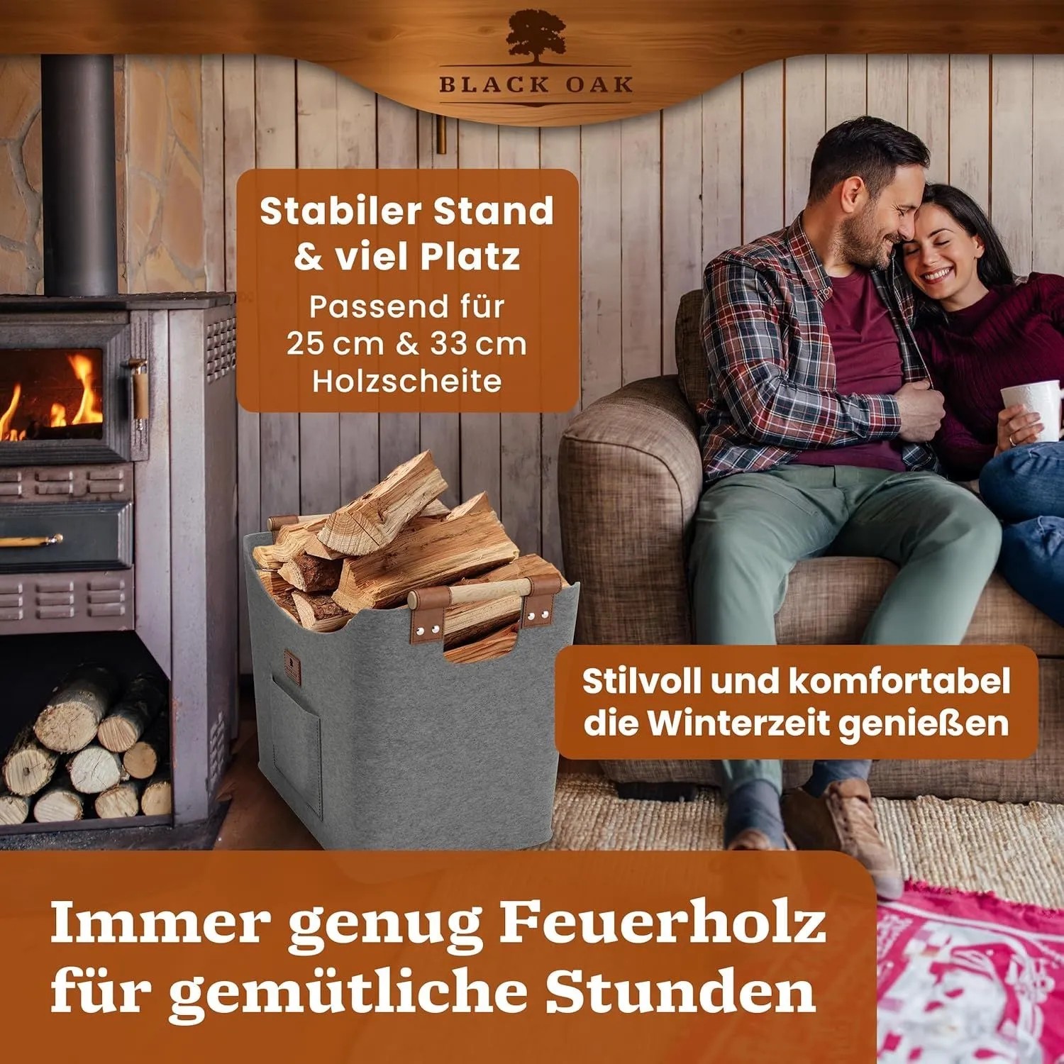 BLACK OAK Holzkorb MONTANA XL 60L Hellgrau – Filzkorb für Kaminholz & Brennholz mit Robusten Holzgriffen mit Echtleder-Applikation und Fronttasche_5