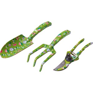 3-teiliges Gartenhandgeräte-Set mit Blumenmuster: Schaufel, Harke und Gartenschere.