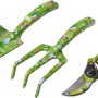 3-teiliges Gartenhandgeräte-Set mit Blumenmuster: Schaufel, Harke und Gartenschere.
