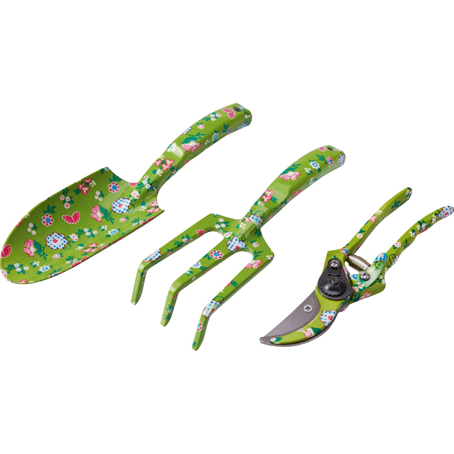 3-teiliges Gartenhandgeräte-Set mit Blumenmuster: Schaufel, Harke und Gartenschere.