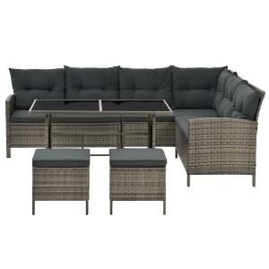 Grau melierte Polyrattan Gartenlounge Manacor mit dunkelgrauen Bezügen, bestehend aus Sofa, Tisch und Hockern.