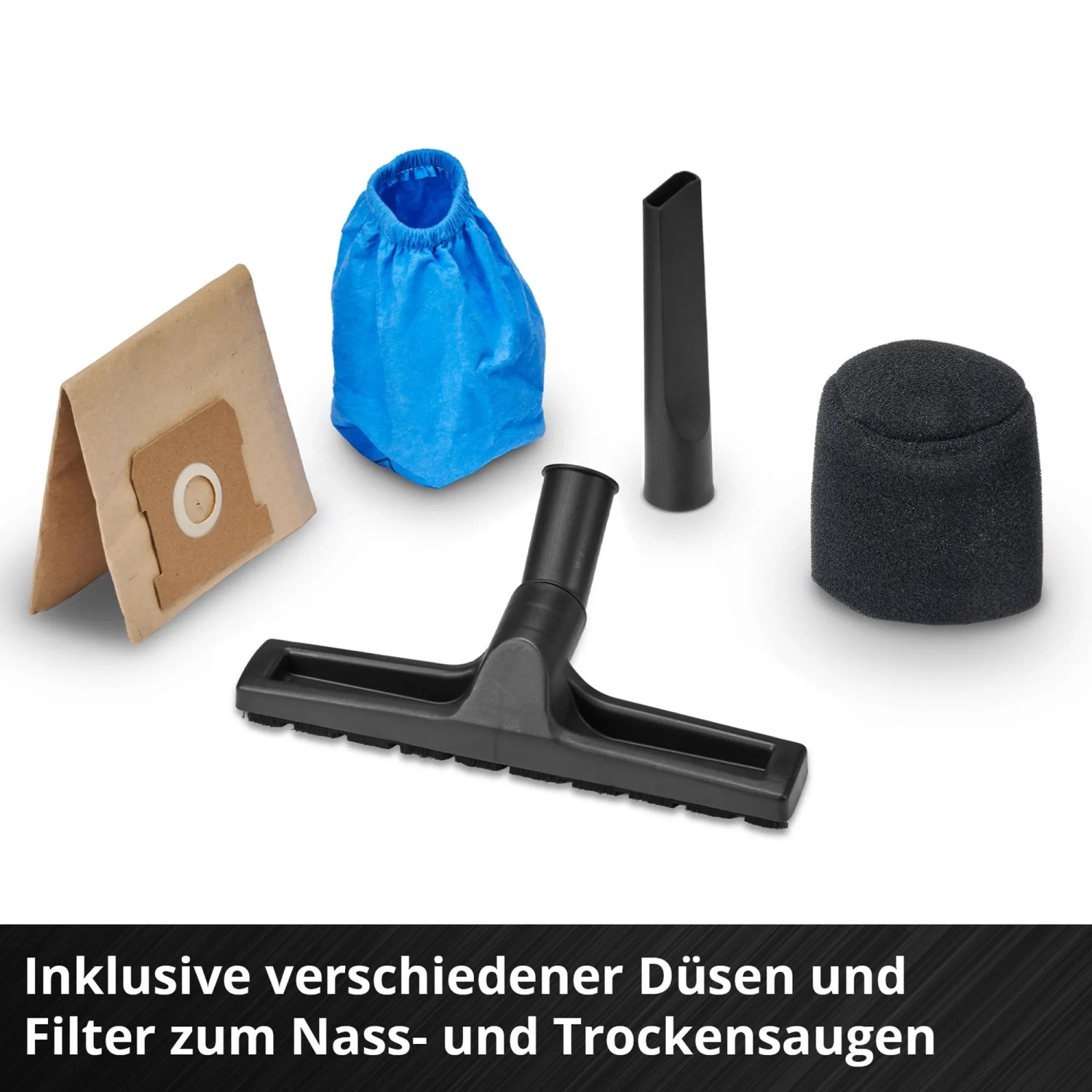 Zubehör für Einhell Nass-Trockensauger: Düsen, Filter und Beutel für vielfältige Reinigungsaufgaben.