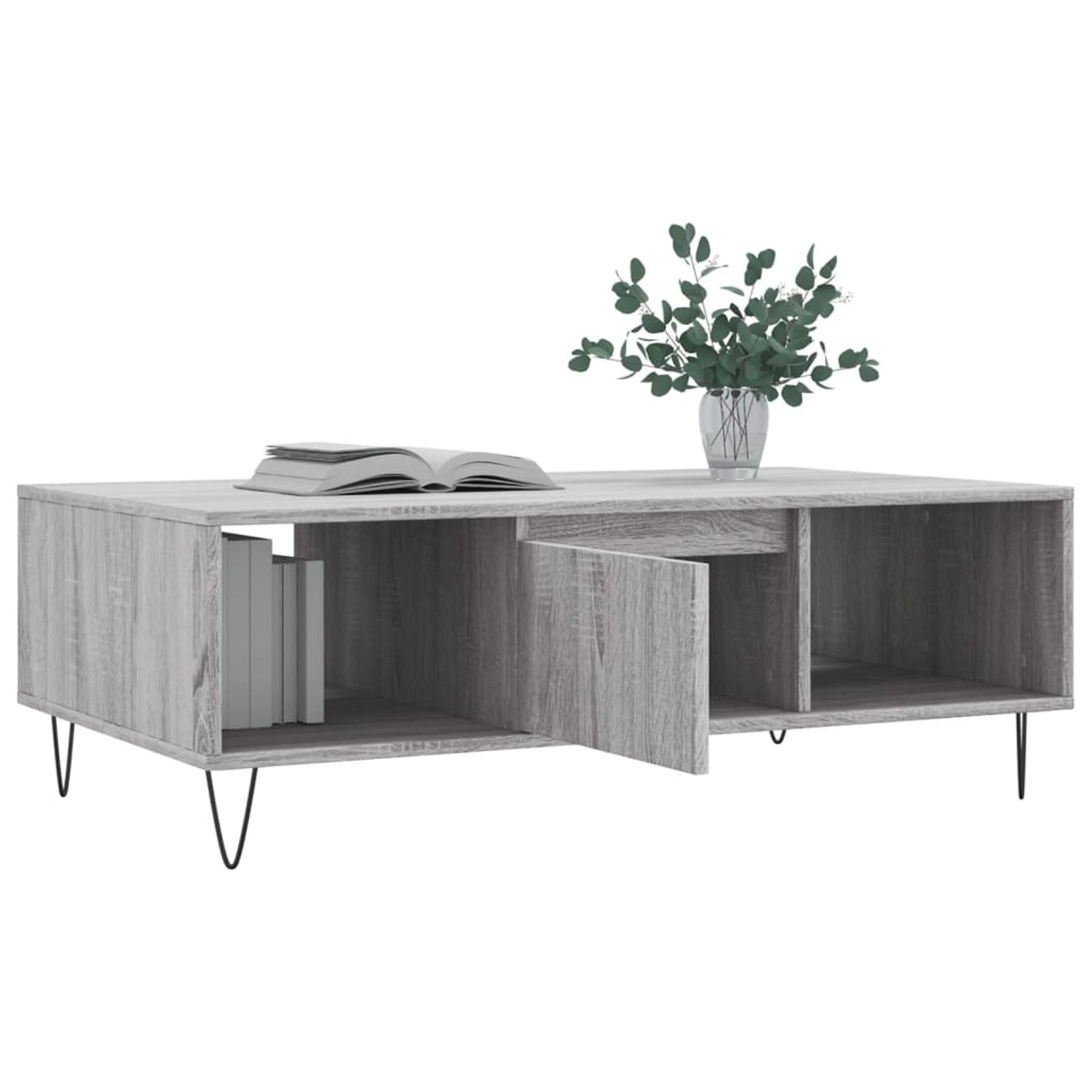 vidaXL Couchtisch Grau Sonoma mit Fächern, 104x60x35 cm, Holzwerkstoff und Metallbeine.