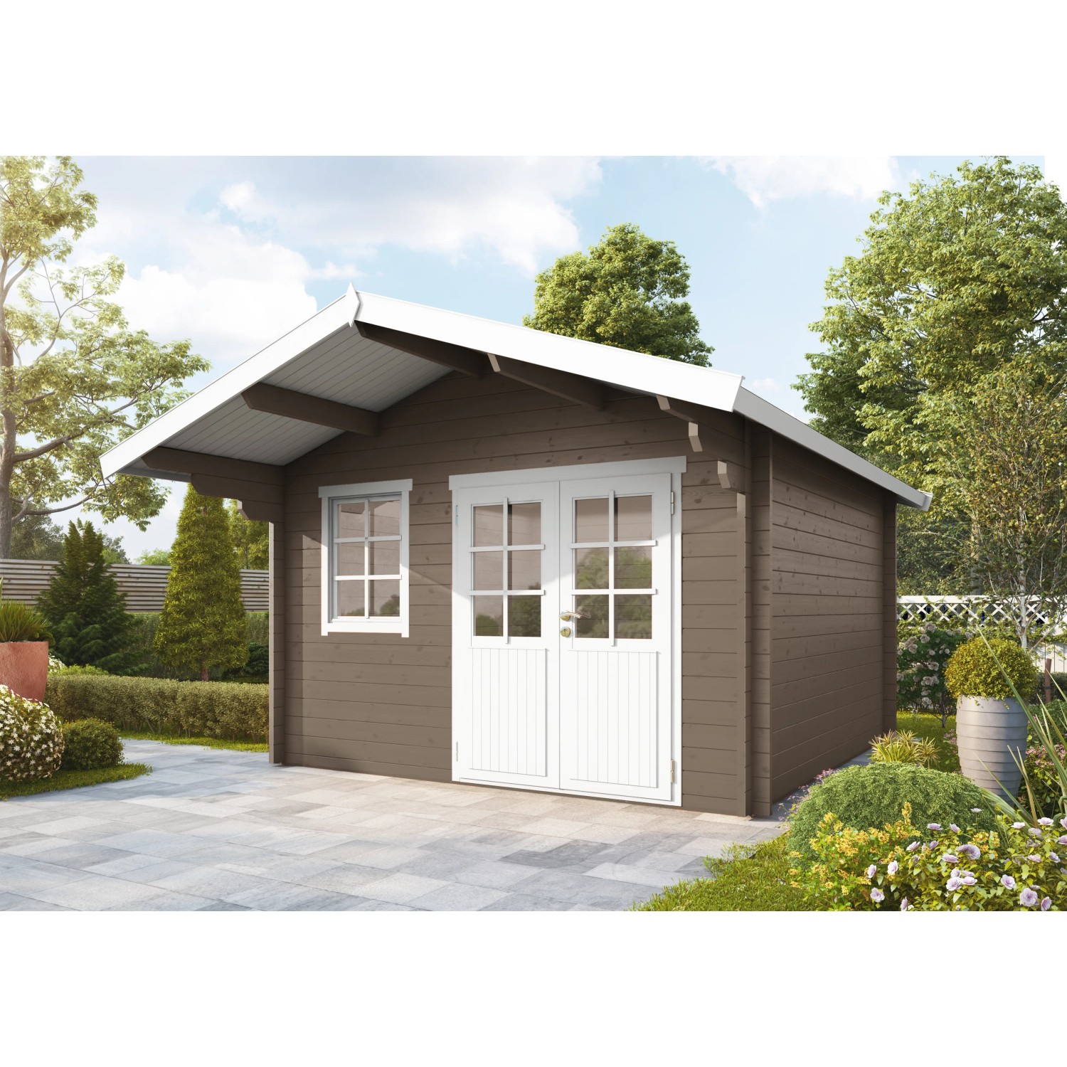 Wolff Finnhaus Holz-Gartenhaus/Gerätehaus Lisa 44-C Hellgrau 422 cm x 500 cm Anbaudach