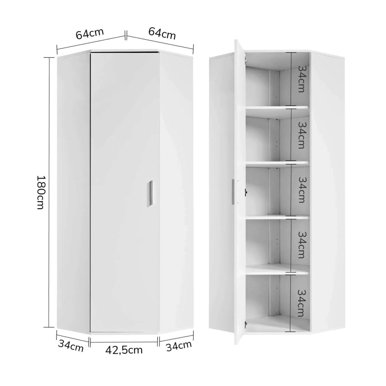 Weißer mokebo Eckschrank 'Der Lange' mit 5 Fächern, ideal als Büroschrank oder Mehrzweckschrank.