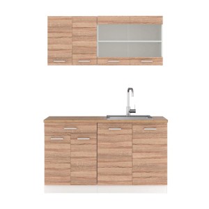 Vicco R-Line Singleküche 140 cm in Sonoma Eiche/Weiß mit Spüle und Hängeschränken.