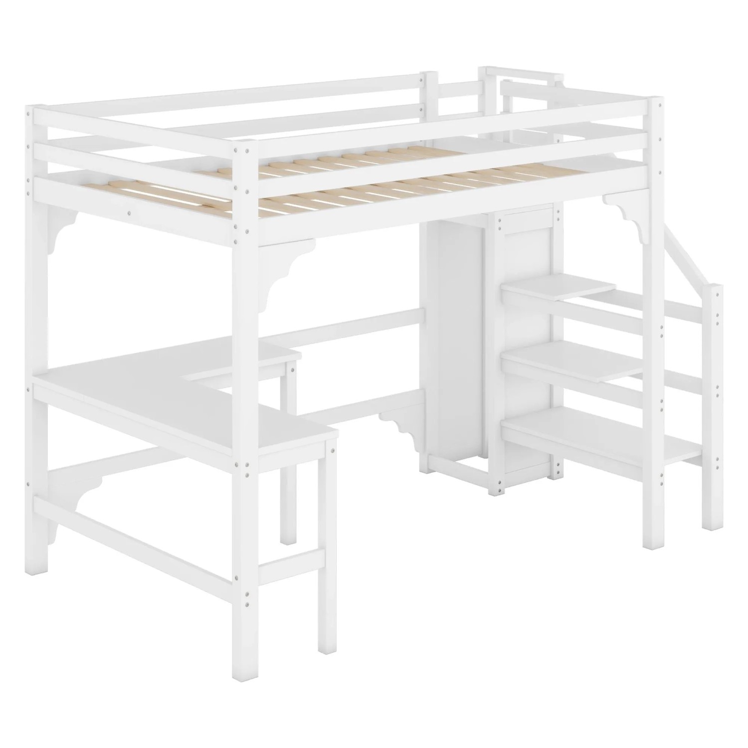 KOMHTOM Hochbett 140x200Cm Mit Stilvoller L-Förmiger Schreibtisch Und Offener Kleiderschrank Kiefernholz Weiß Ohne Matratze