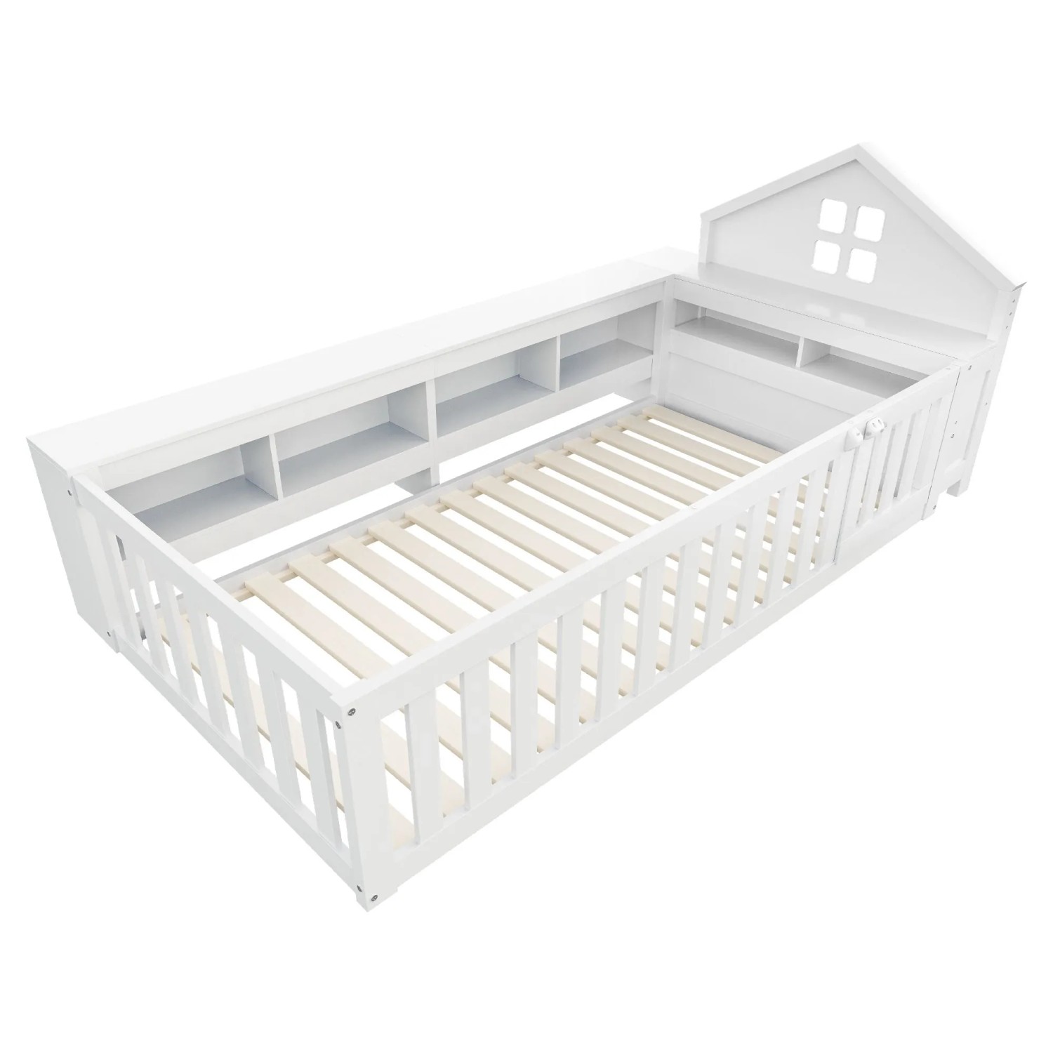 Merax Kinderbett 90x200cm Massivholz Hausbett Stauraum Weiß