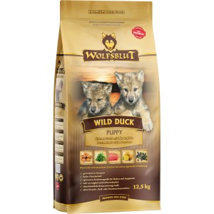Wolfsblut Wild Duck Puppy Trockenfutter, 12,5kg Sack mit Welpen-Motiv. Hunde-Trockenfutter mit Ente und Kartoffel.