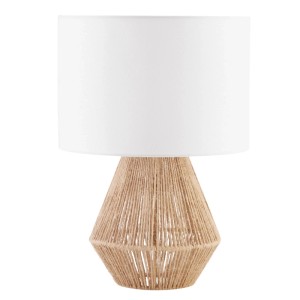 Boho Tischleuchte Lignea Lux mit weißem Stoffschirm und geometrischem Sockel aus natürlicher Jutefaser.