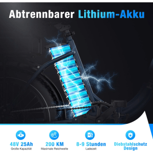 Nahaufnahme des leuchtenden, abtrennbaren Lithium-Akkus des HITWAY E-Bikes. Zeigt 48V 25Ah, 200 KM Reichweite, 8-9h Ladezeit, Diebstahlschutz.