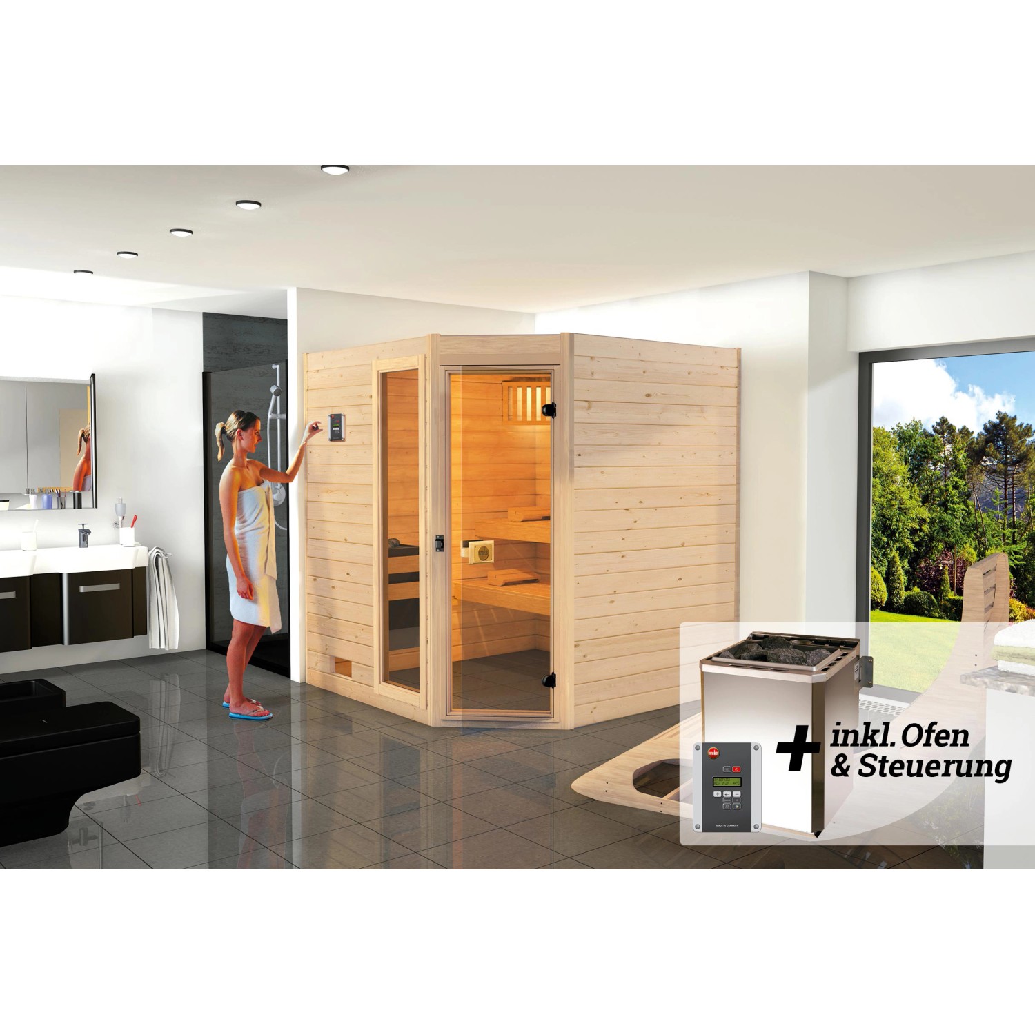 Weka Massivholz-Sauna Valida Eck 1.8 Sparset 7,5 kW BioS digi. Steuerung
