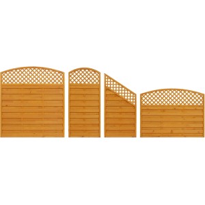 Sichtschutzzaun Bordeaux, Pinienfarben, mit dekorativem Kreuzgitter. Verschiedene Zaunelemente.