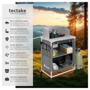 Faltbare, graue Tectake Campingküche mit Aluminiumgestell, zwei Fächern und Windschutz.