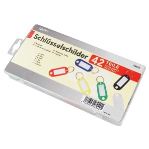Tifler Schlüsselschilder, 42 Stück in Sortimentsbox mit bunten Anhängern und Stahlringen.