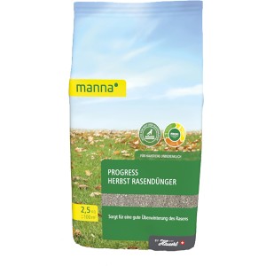 Verpackung Manna Progress Herbst Rasendünger 2,5 kg für einen vitalen Rasen im Herbst.