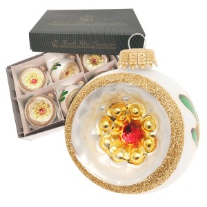 Weihnachtskugeln 6er-Set von Krebs Glas Lauscha, weiß mit Blatt- und Goldglitzer-Dekor, 8cm.