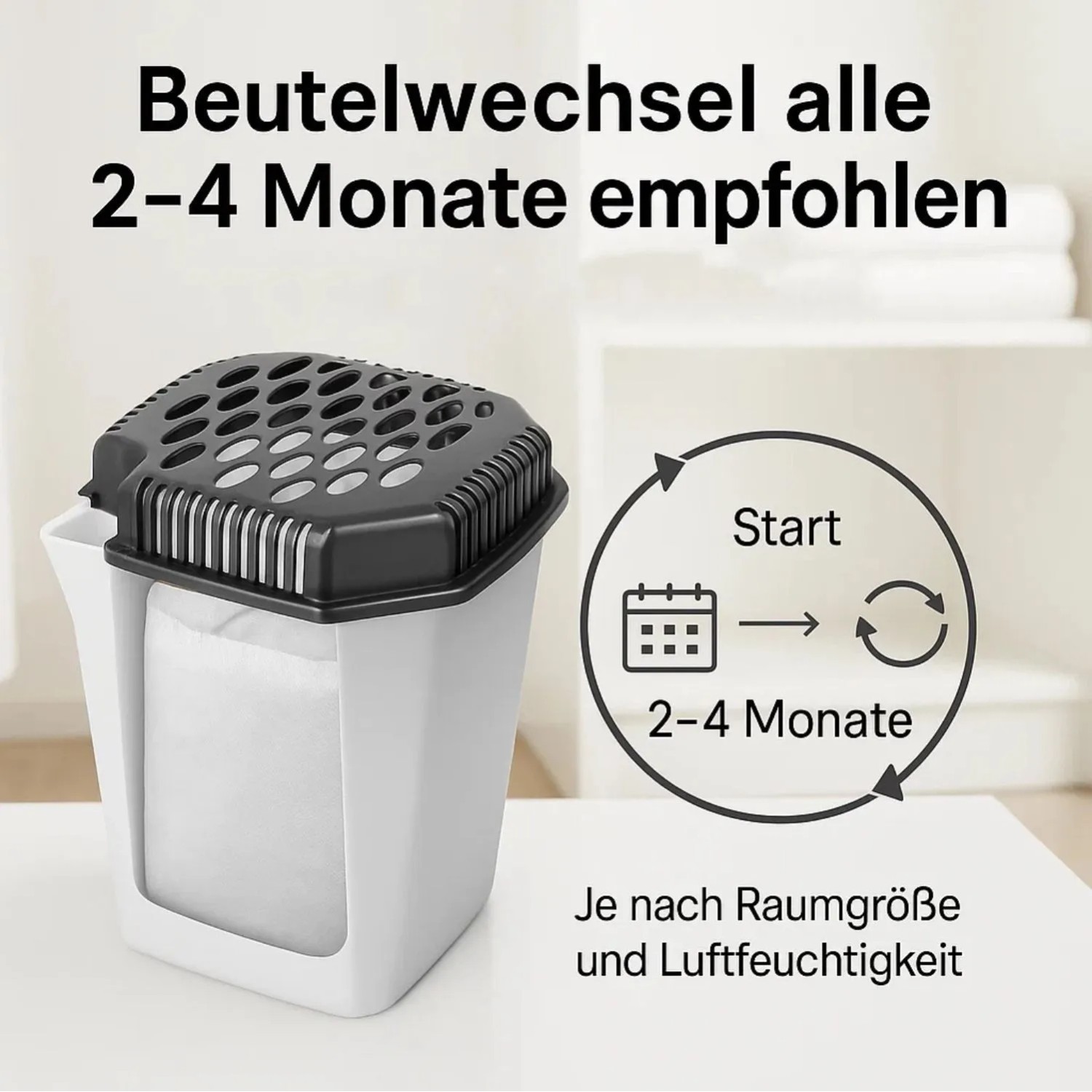 Luftentfeuchter-Box mit Granulat-Nachfüllbeutel. Beutelwechsel alle 2-4 Monate empfohlen, je nach Raumgröße und Feuchtigkeit.
