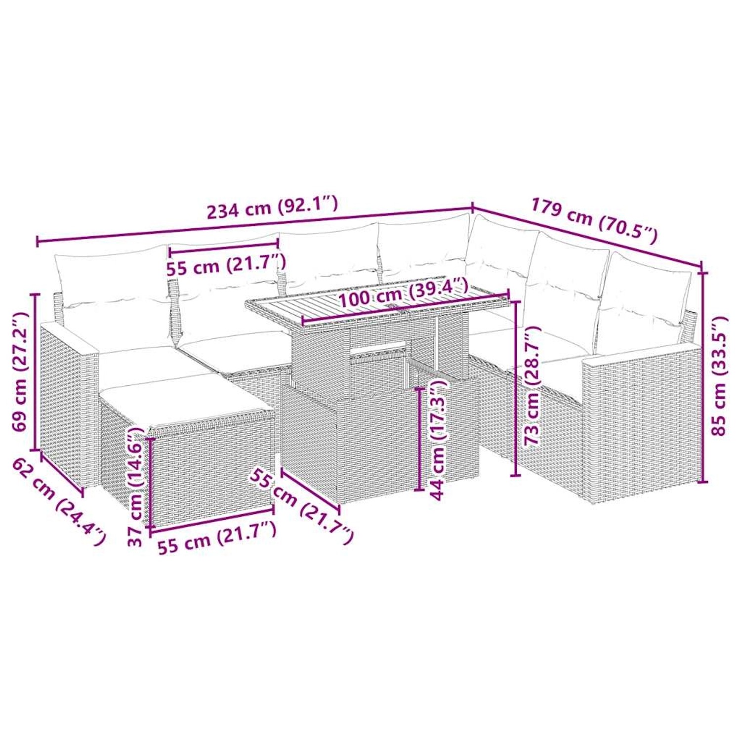 vidaXL 8-tlg. Garten-Sofagarnitur aus Poly Rattan (beige) mit Maßen und Abmessungen.