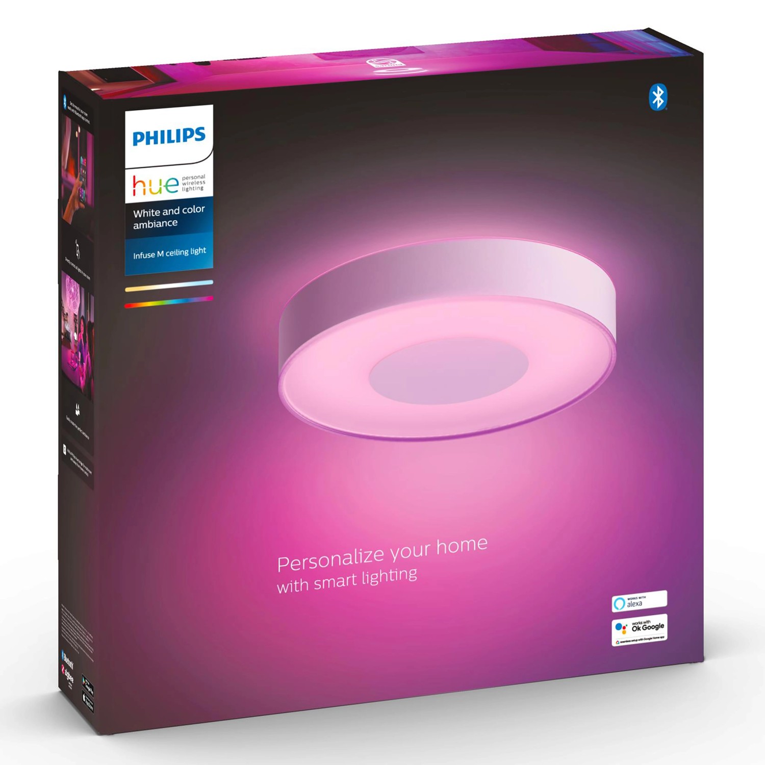 Verpackung der Philips Hue Deckenleuchte Infuse M mit Farblicht. Smarte Lampe in Weiß.