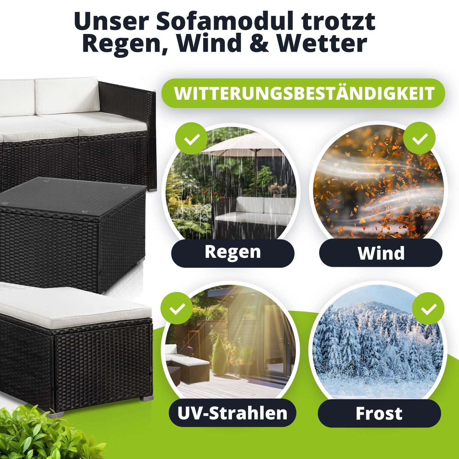 Wetterfeste Polyrattan Lounge Punta Cana M, schwarz mit creme Bezügen. Gartenmöbel für jede Jahreszeit.