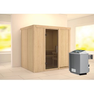 Karibu Sauna-Set Bjarne mit Ofen (9 kW) und Graphit-Tür. Massivholzsauna aus Fichte mit zwei Liegen.