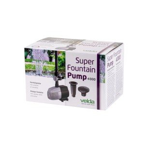Velda Super Fountain Pump 4000 Verpackung. Zeigt Teichpumpe, Wasserglocke, Sprühkopf und Fontäne im Teich.