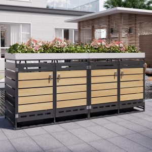 Mülltonnenbox mit Pflanzkasten, 4 Fächer, Holzoptik, Eisen, wetterfest und abschließbar.