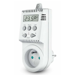Weißer Fenix Steckthermostat TS05 zur automatischen Temperaturregelung von Heizgeräten.