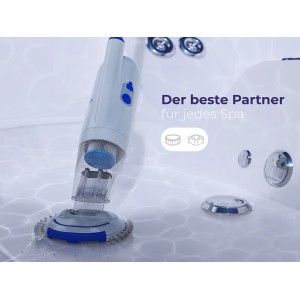Weißer Gre Reiniger mit Batterie für Spas und Pools mit Patronenfilter.