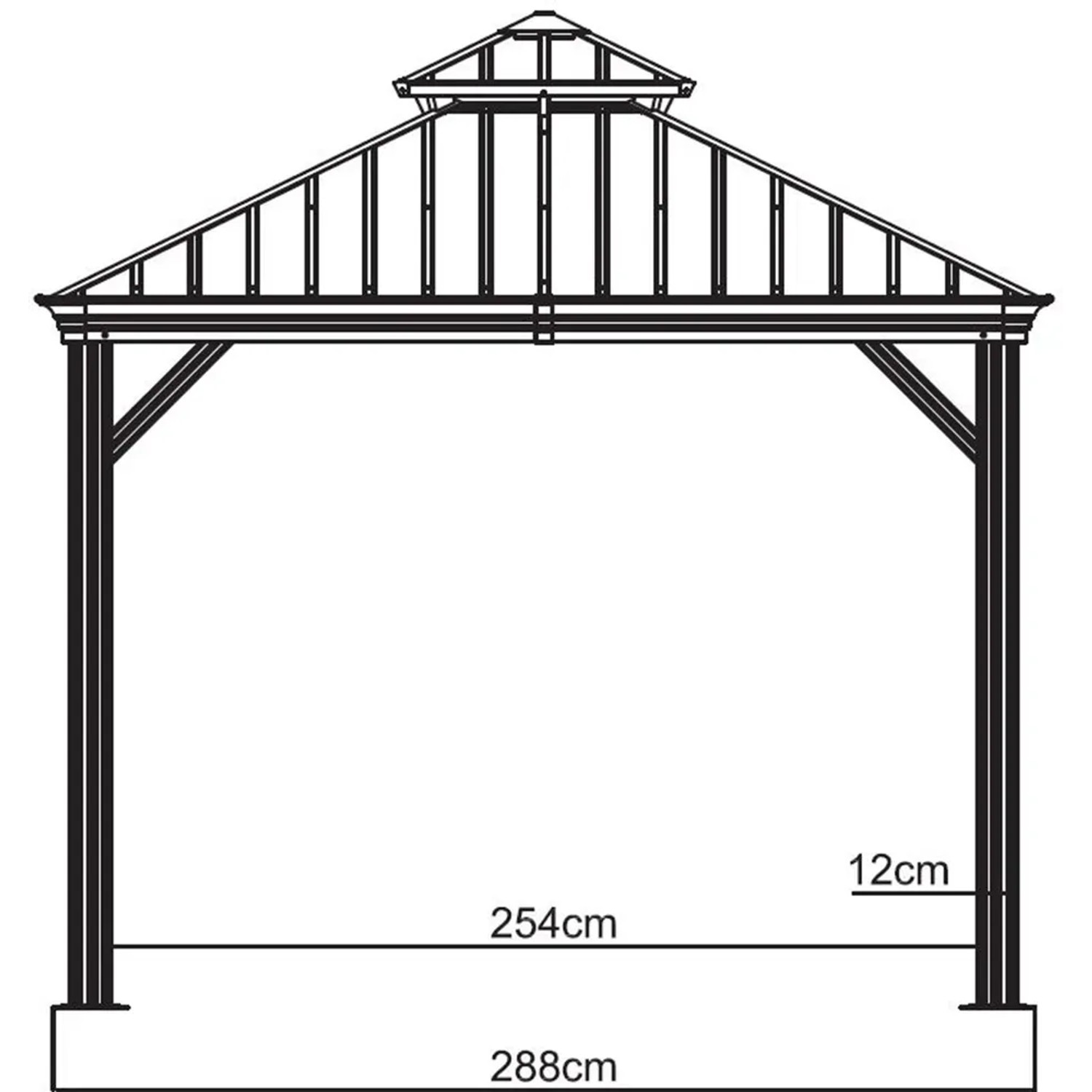 Technische Zeichnung: Sojag Aluminium Pavillon Messina 10 x 12 Anthrazit mit Maßangaben.