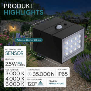 Schwarze LUXULA Solar Wandleuchte mit Bewegungsmelder für den Außenbereich.