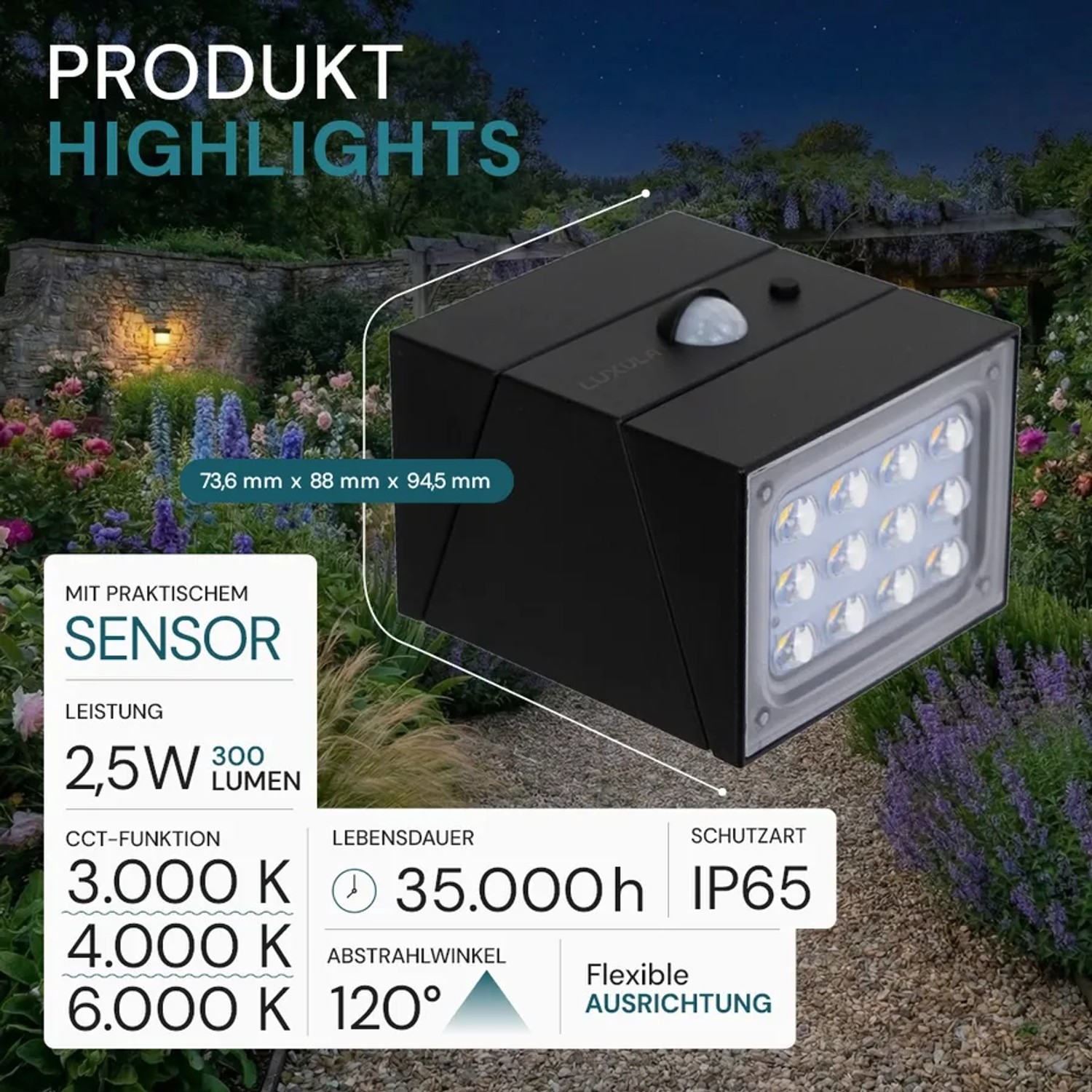 Schwarze LUXULA Solar Wandleuchte mit Bewegungsmelder für den Außenbereich.