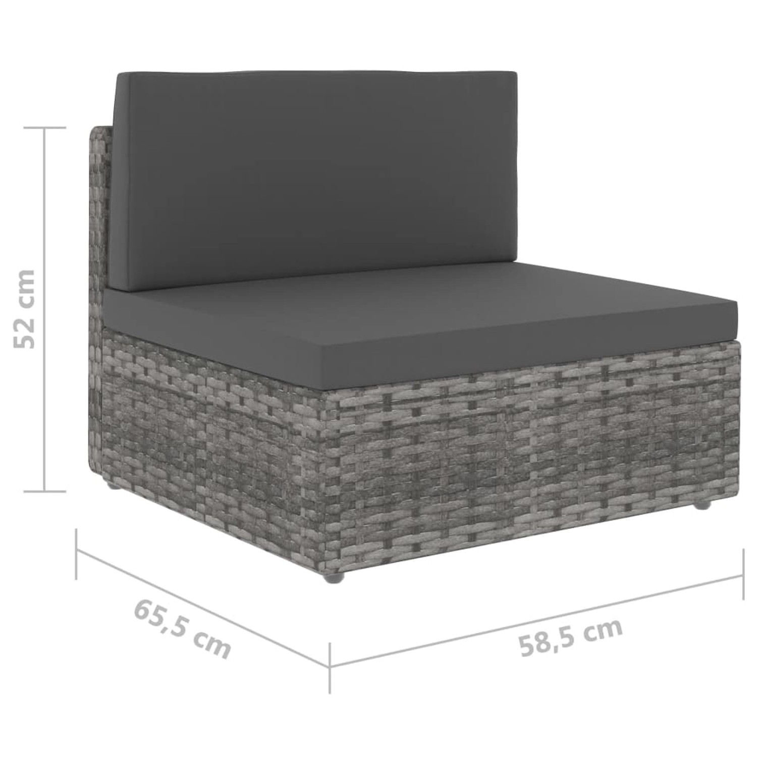 Graues vidaXL Garten-Lounge-Set aus Poly Rattan, Einzelteil mit Kissen und Maßangaben.
