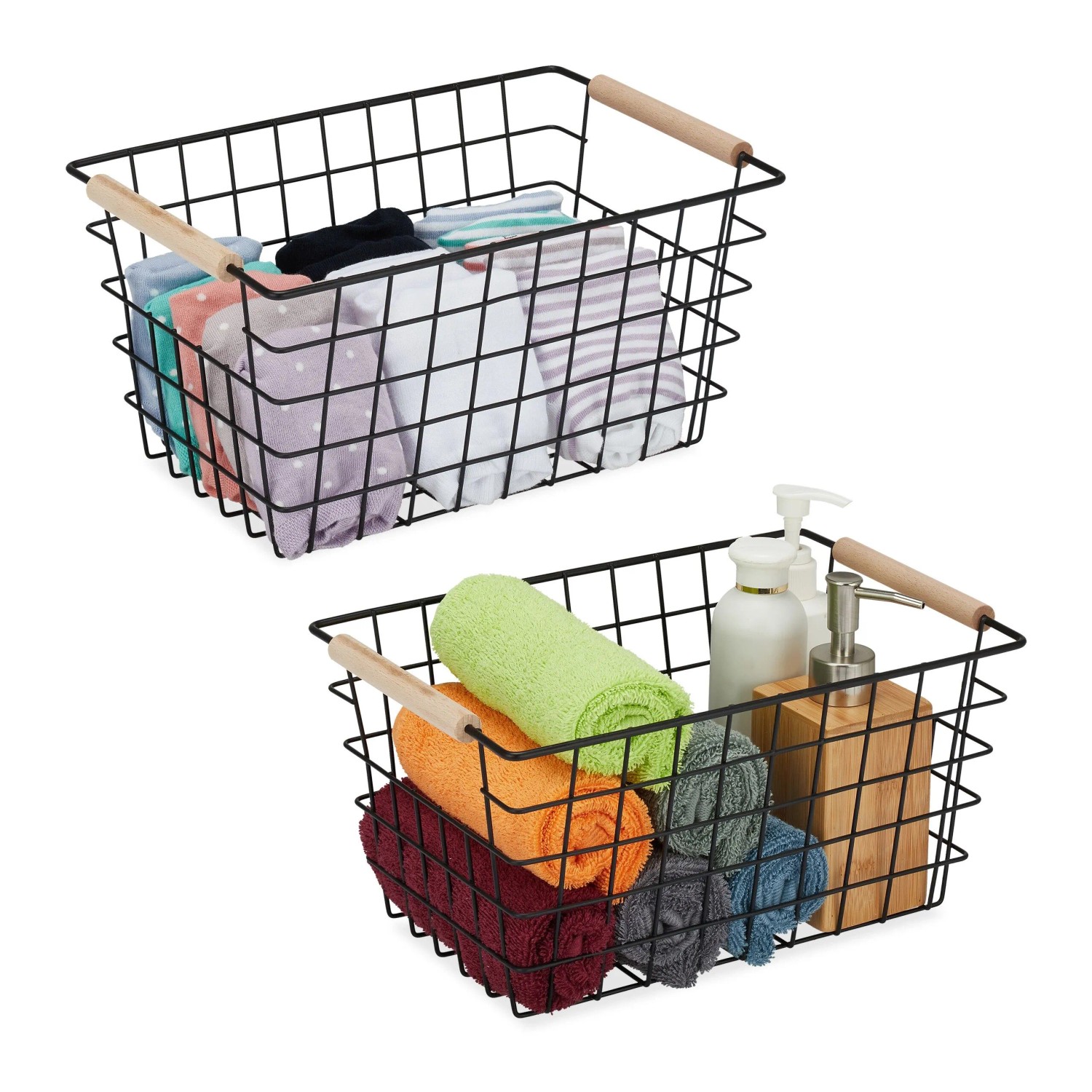 Relaxdays Drahtkorb Metall Schwarz 2er Set mit Holzgriffen 16 cm x 31 cm x 21 cm