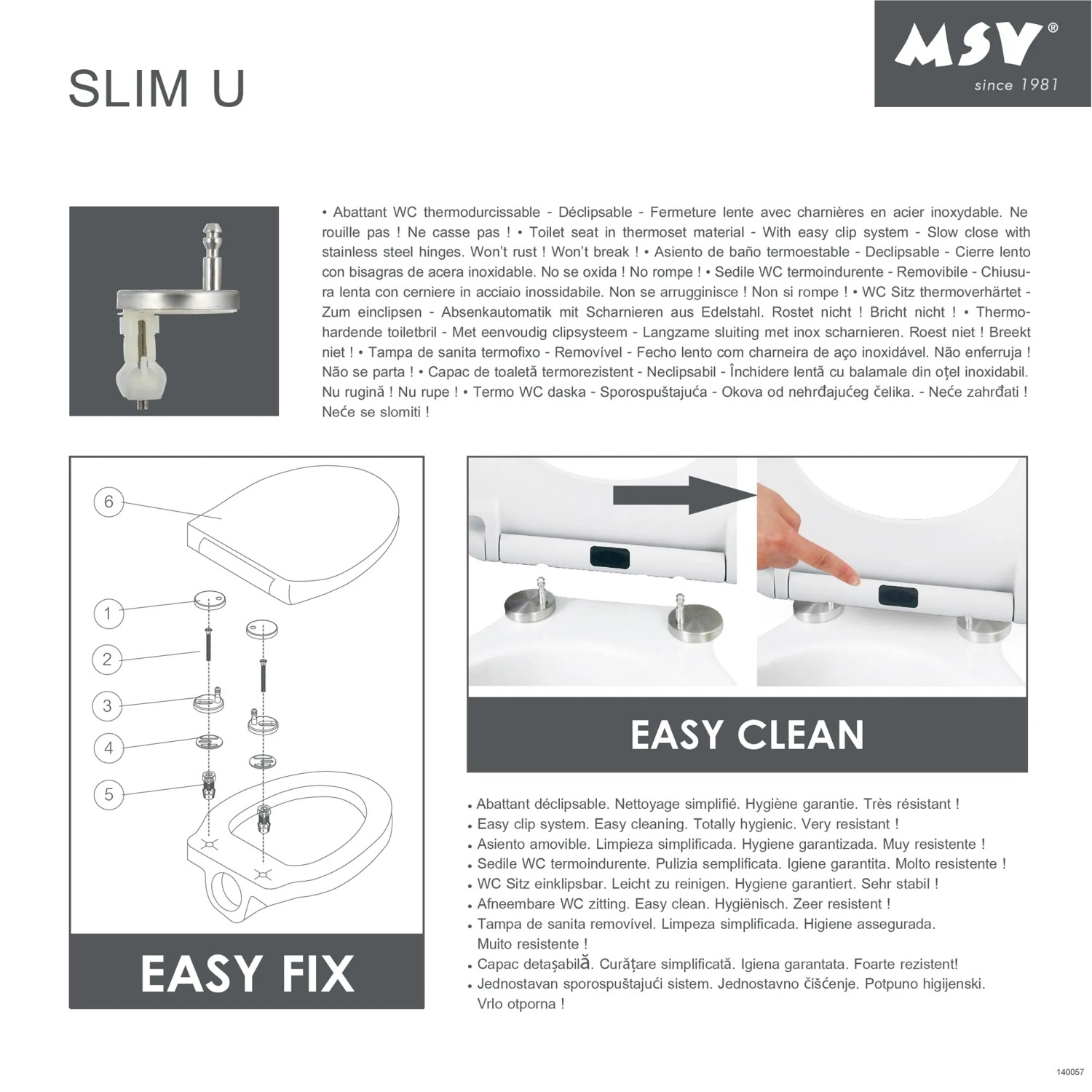 Weißer MSV WC-Sitz aus Duroplast mit Absenkautomatik und Edelstahl-Scharnieren, 45,5x37x5 cm.