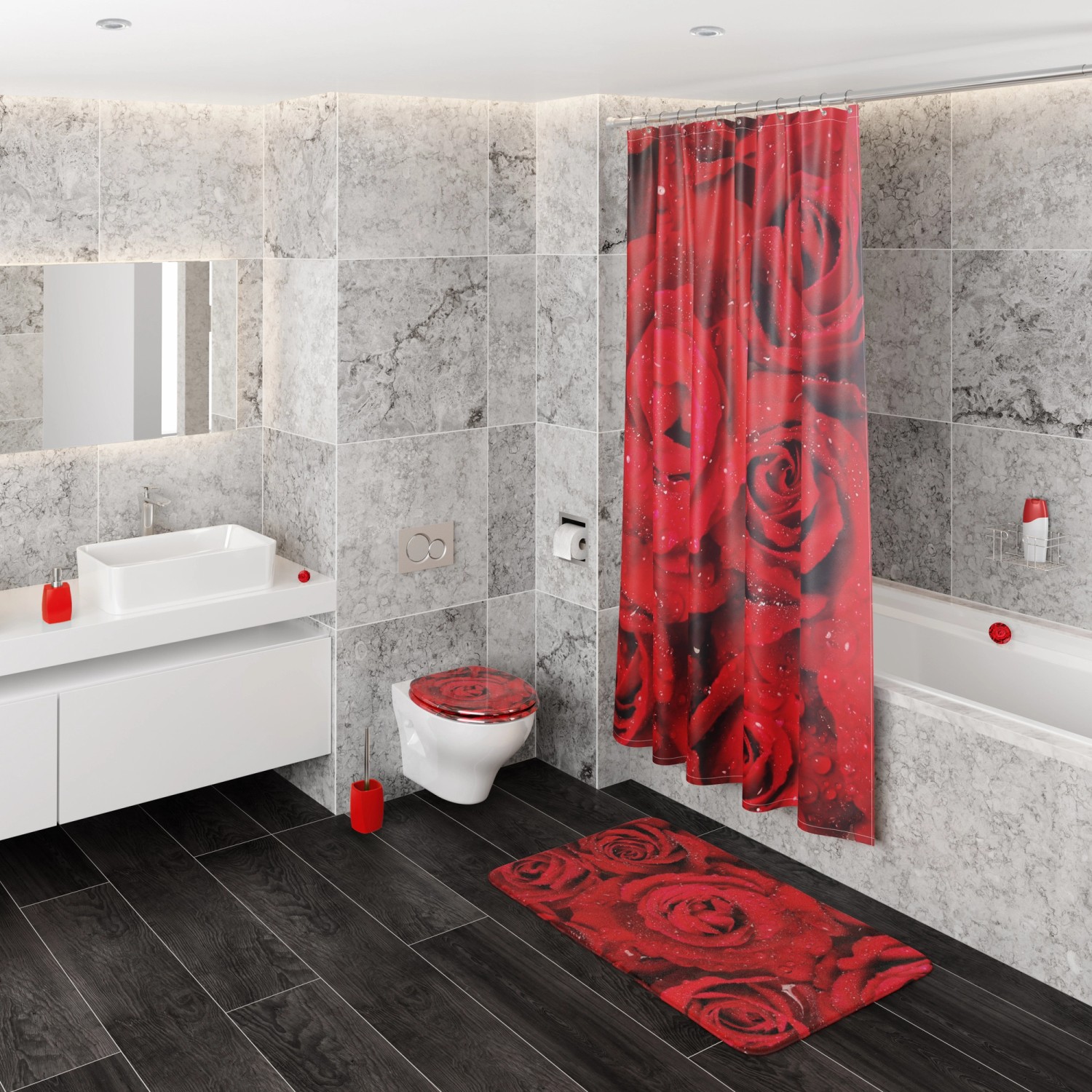 Sanilo Waschbeckenstöpsel Rosen Design im Badezimmer mit passenden Accessoires.
