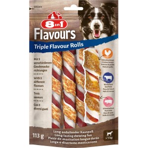 8in1 Kaurollen Triple Flavour, 3 Stück. Leckerer Kausnack für Hunde mit Hähnchen, Rind und Schwein.