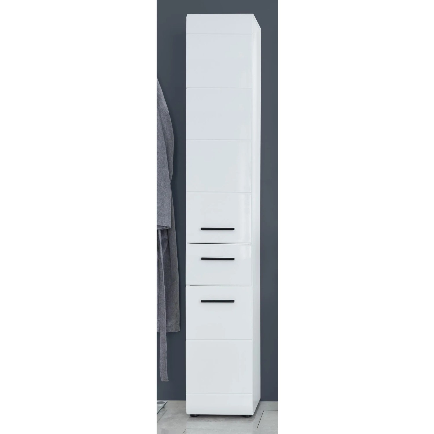 Weißer Trendteam Bad-Hochschrank Skin Bad, 30 cm breit, mit Schubladen und Fächern.