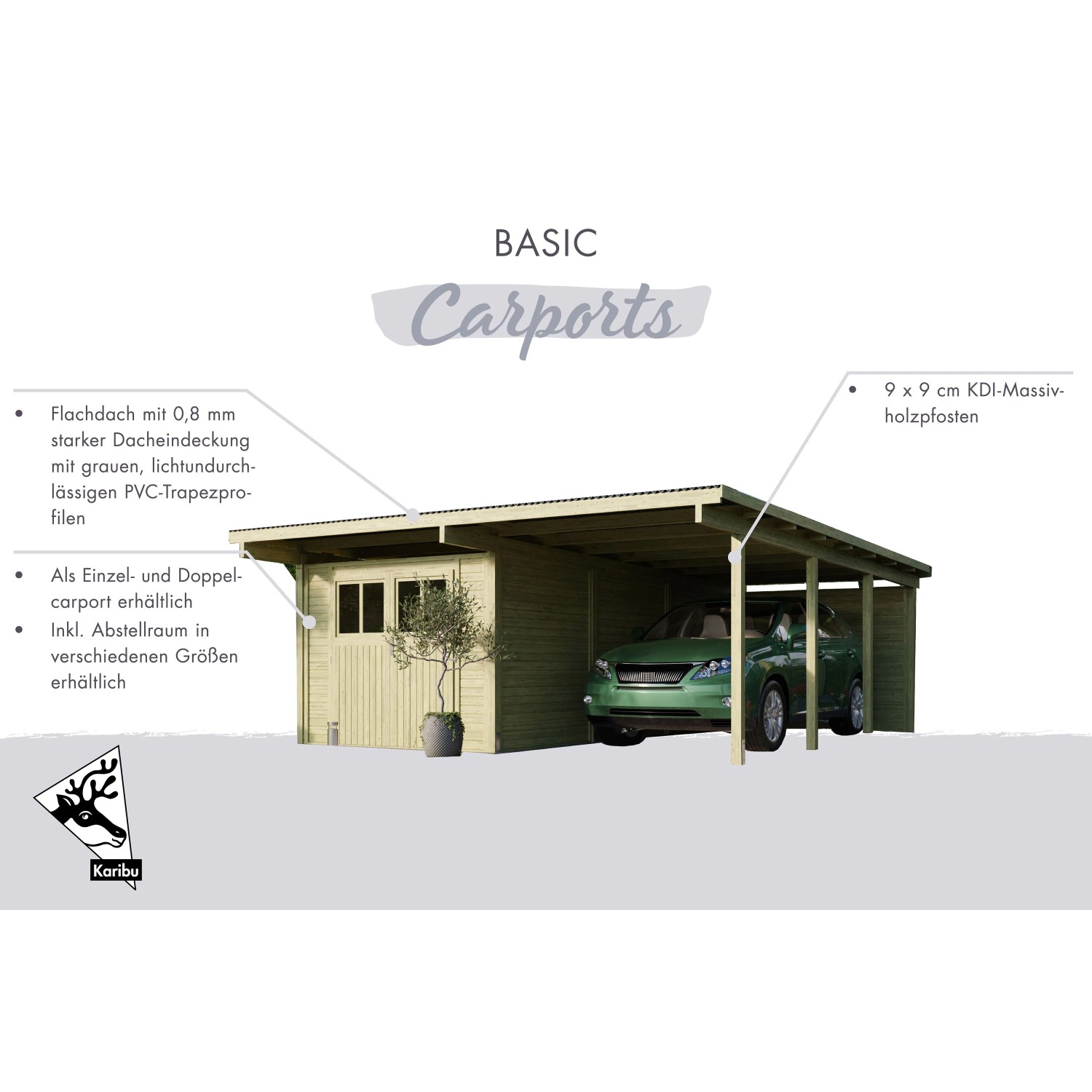 Karibu Doppelcarport Eco mit Abstellraum und Auto. Holzkonstruktion mit Flachdach.