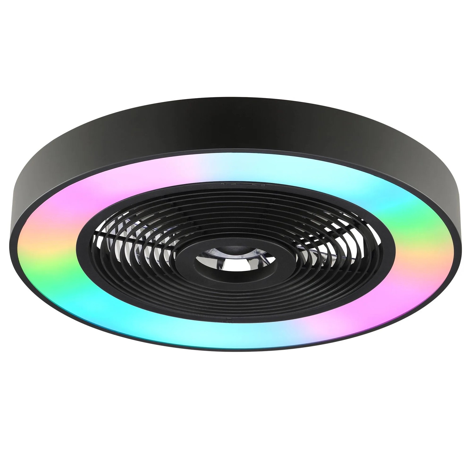 Schwarze LED-Deckenleuchte Catania mit Ventilator und RGB-Beleuchtung, Ø 48,6 cm.