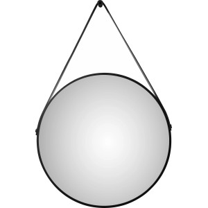 Runder LED-Lichtspiegel Silver Barbier, Ø 50 cm, Schwarz matt mit Ledergurt.